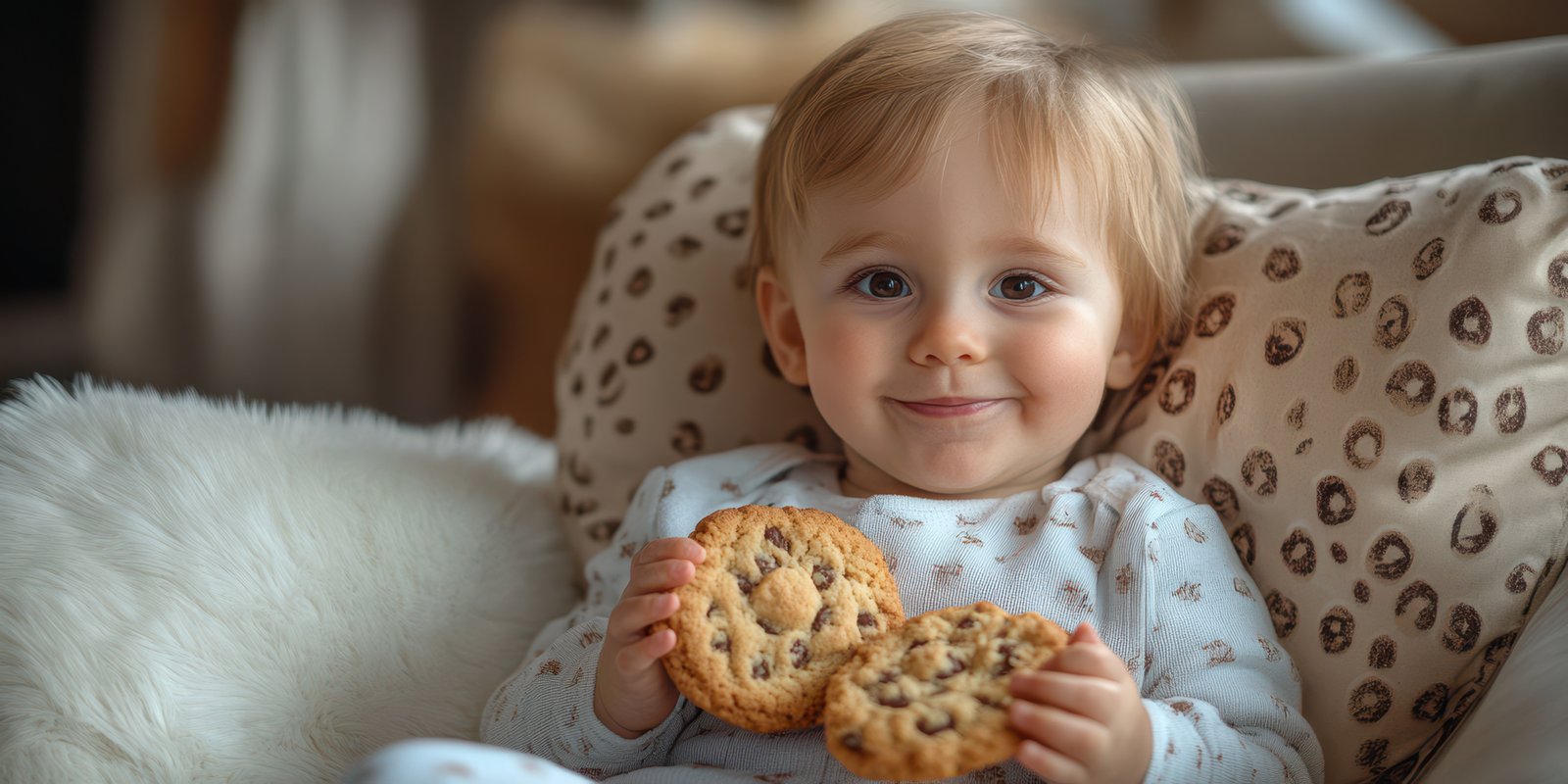 Toddler enjoys cookies while relaxing on a cozy couch in a warm and inviting living room during the afternoon
